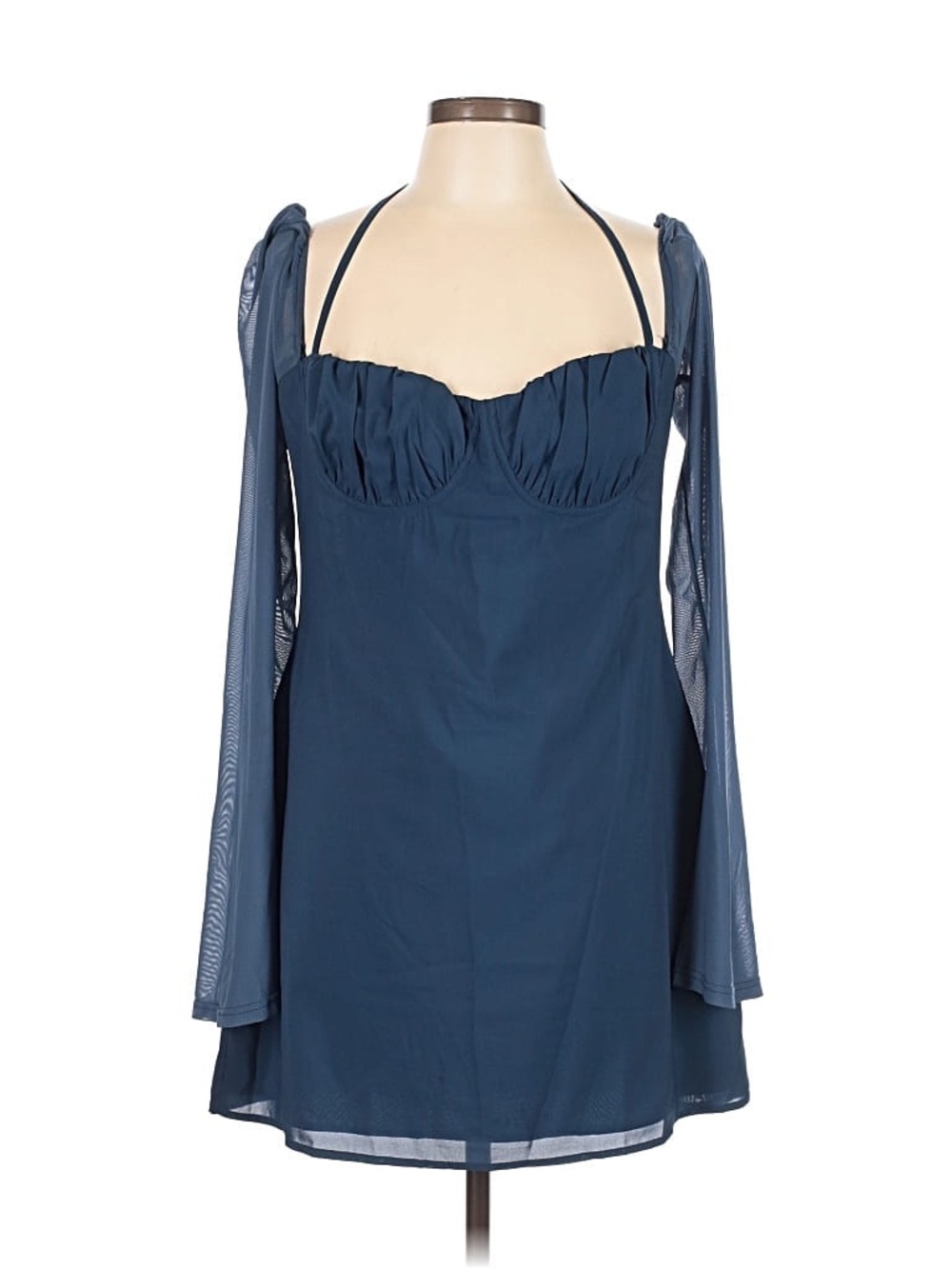 Princess Polly Navy Blue Mesh-Sleeve Babydoll Dress Medium